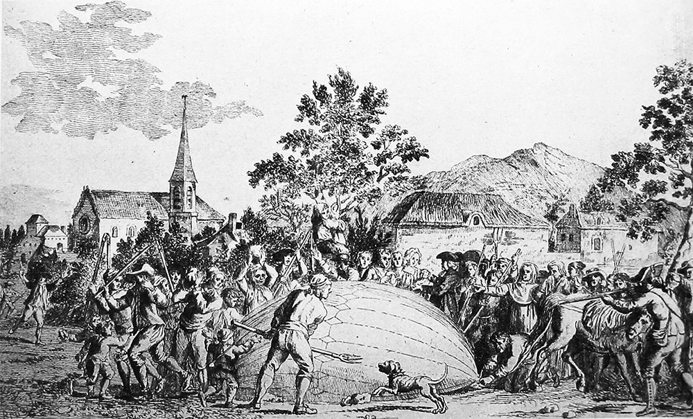 Illustrazione dell'agosto 1783 che mostra l'atterraggio del pallone di Jacques Charles attaccato dagli abitanti di Gonesse